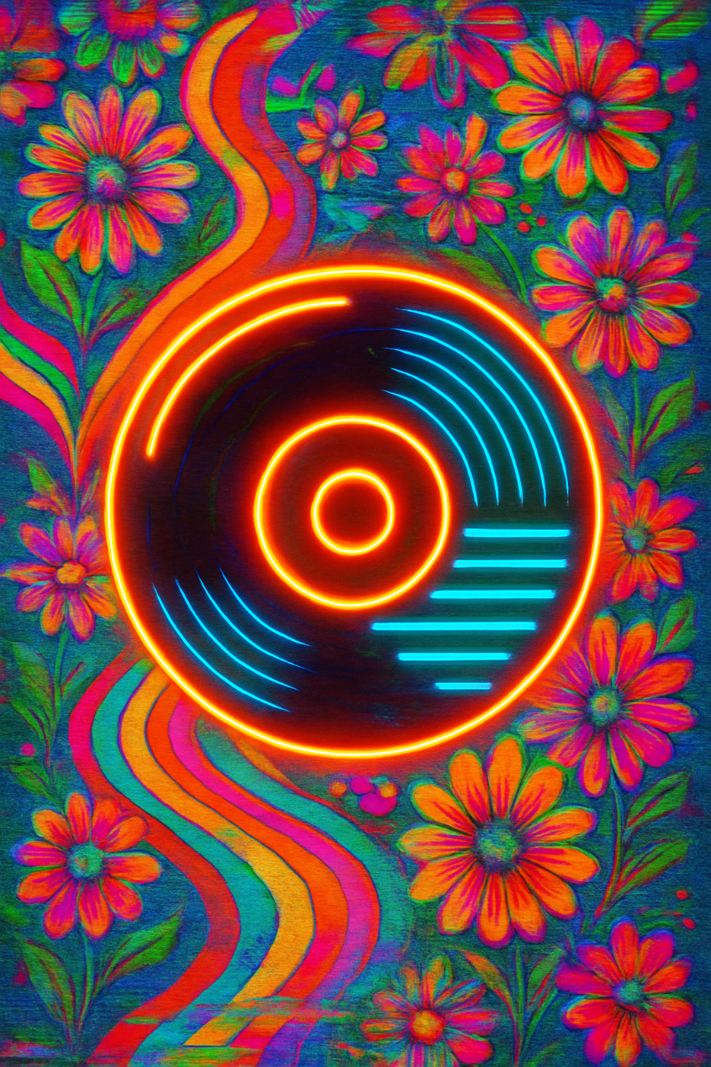 radiowaves and daisies neon record wall art