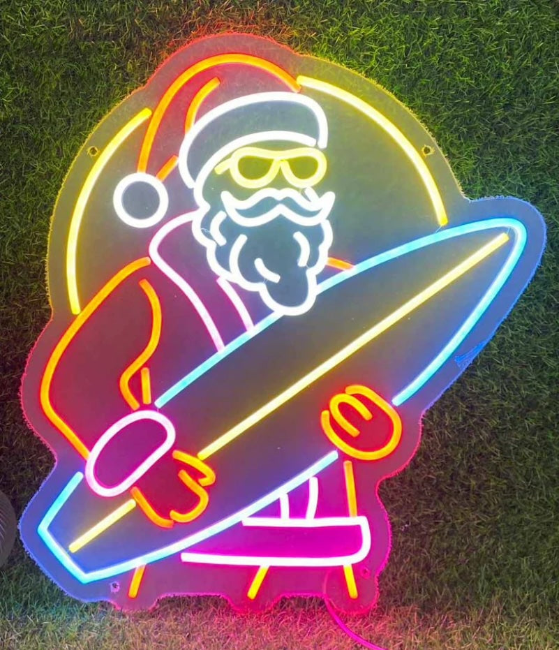 retro surfer Santa neon sign