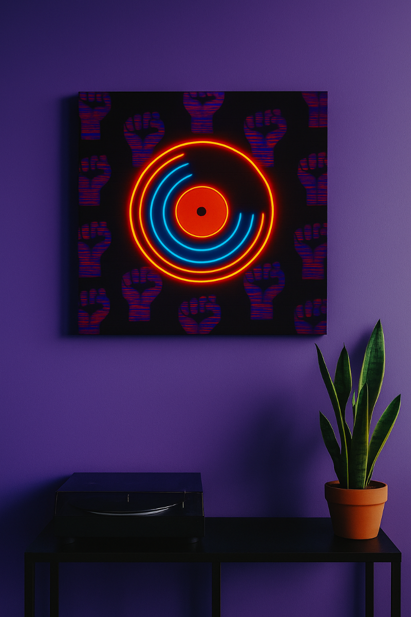 rebel frequency neon record wall art on a wall