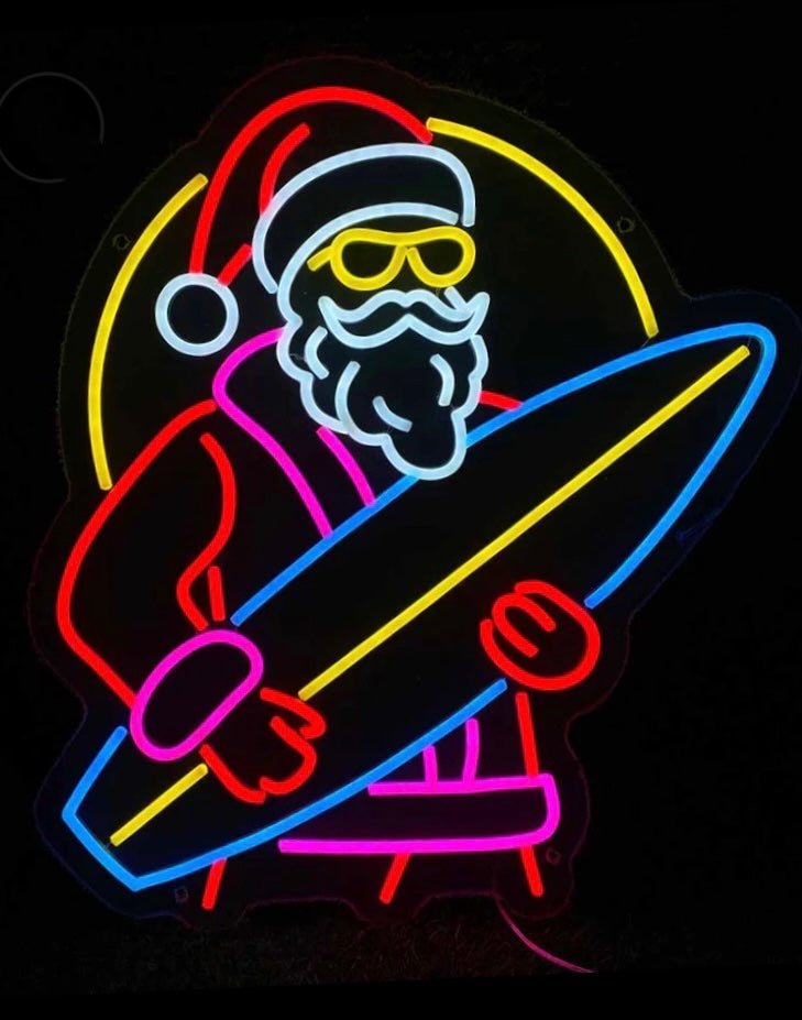 retro surfer Santa neon sign
