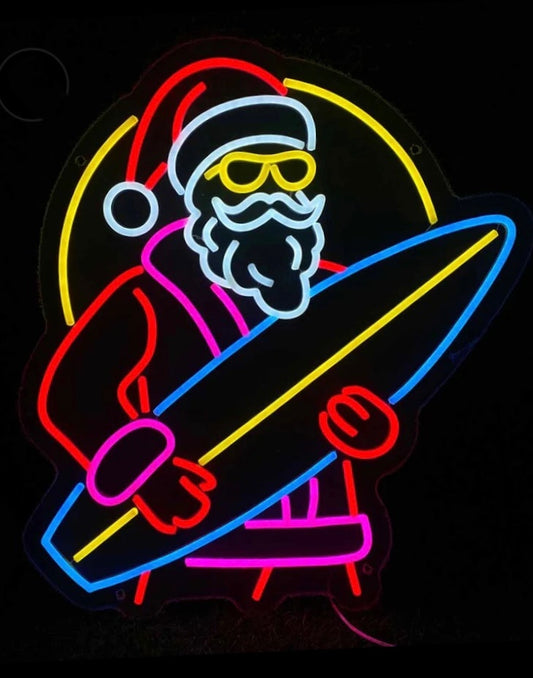 retro surfer Santa neon sign