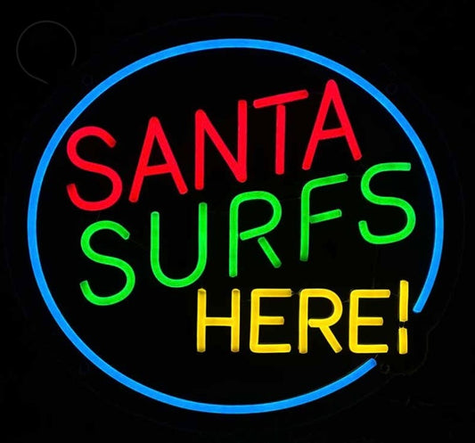 Santa surfs here retro neon sign