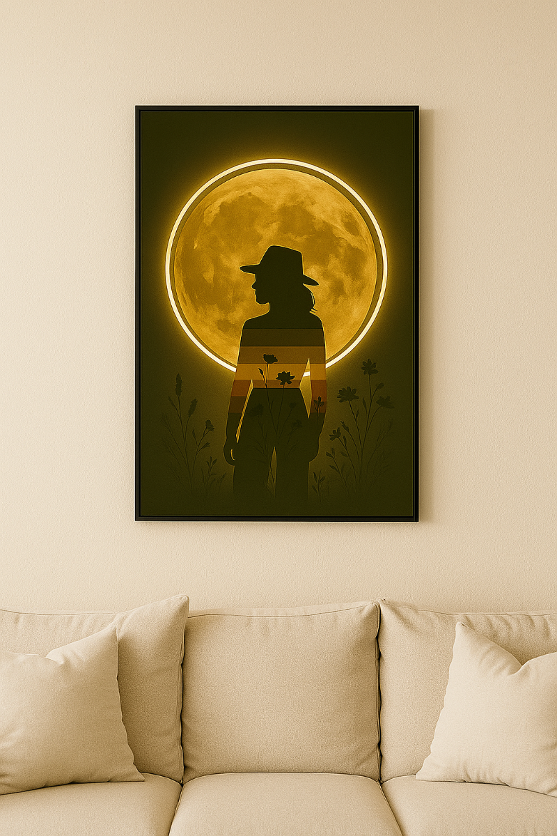 the wildflower glow neon moon wall art on a wall