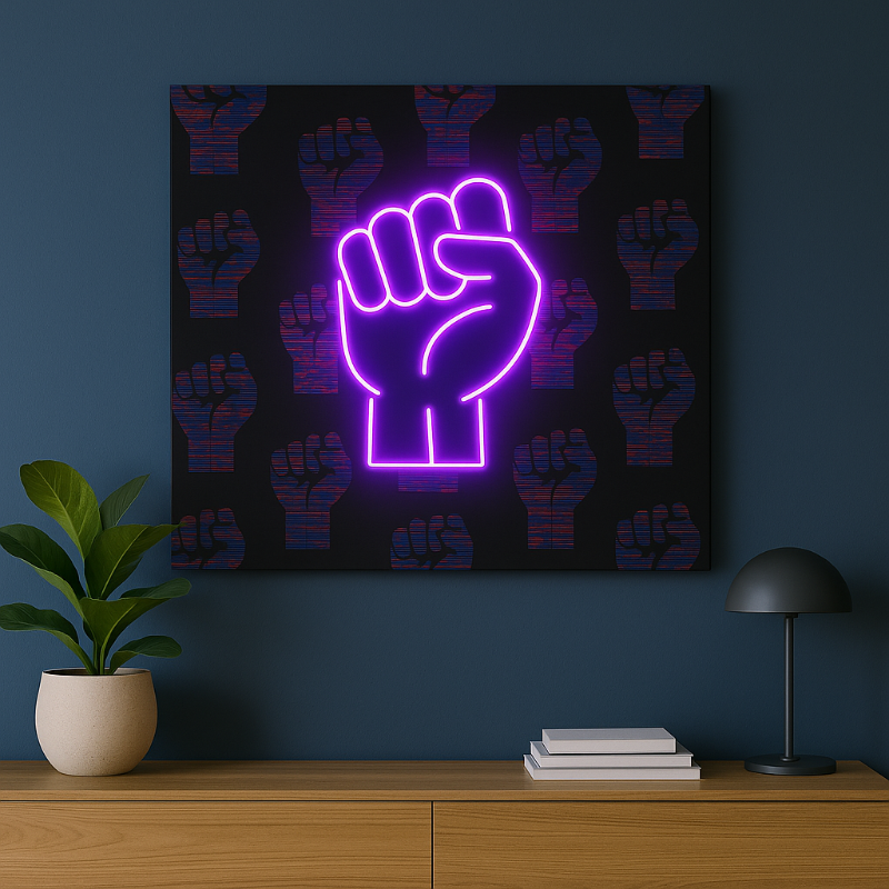 violet uprising neon fist pop art on a wall